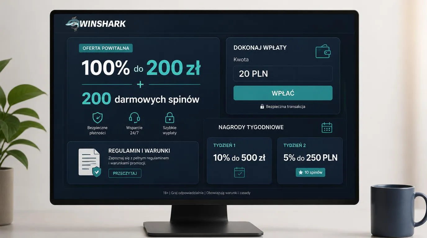 Panel promocji kasyna z bonusem powitalnym, minimalnym depozytem i kartami tygodniowego cashbacku