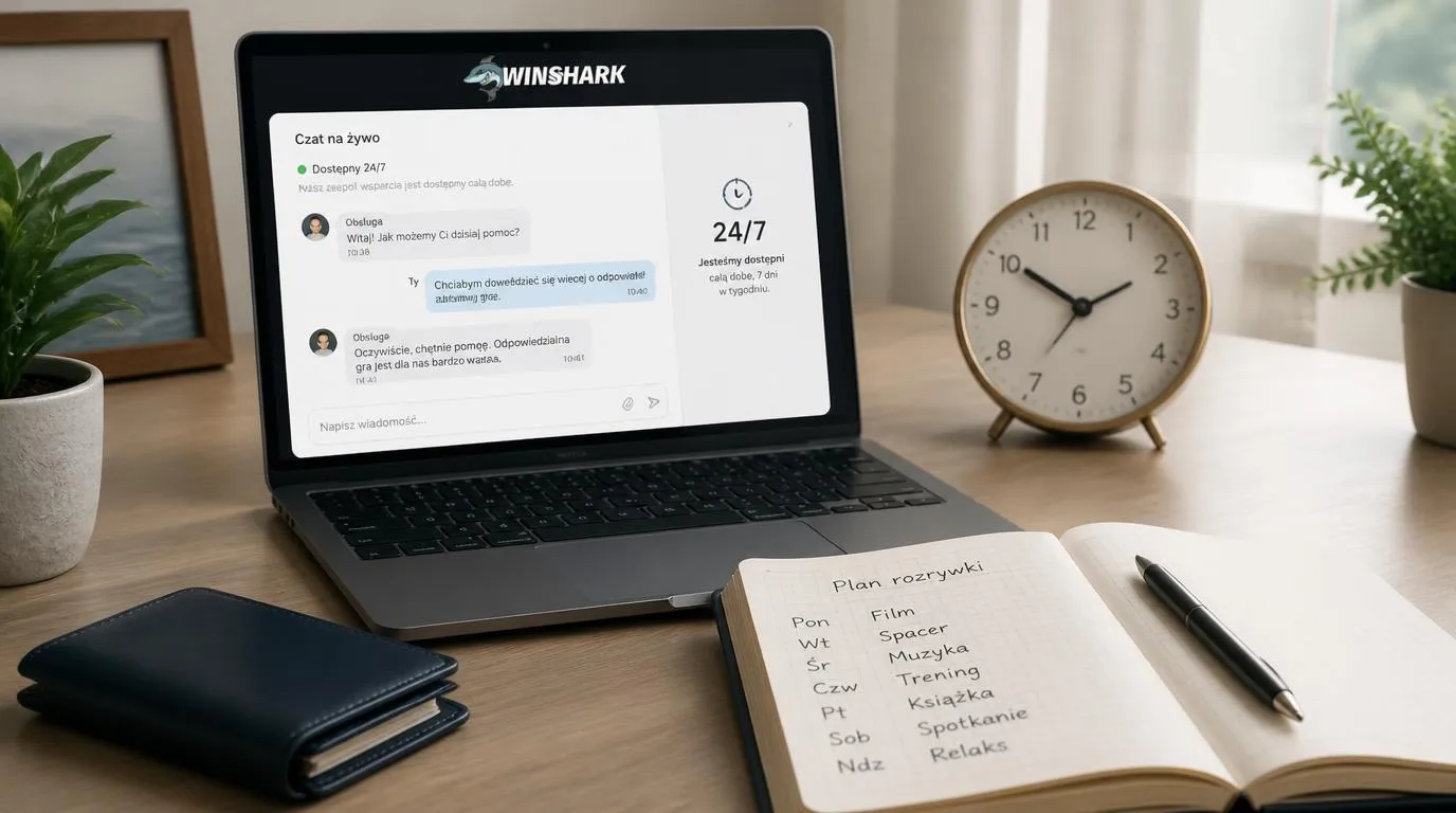 Laptop z otwartym czatem wsparcia 24/7 obok zegara i notesu z planem czasu na rozrywkę